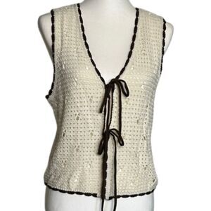 Madden Girl Double Tie Pointelle Vest Large Boho Crochet Cottage Prairie Cream